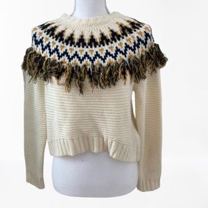 Charlotte Russe Fair Isle Tassel Cream Mustard Navy Blue Crewneck Sweater S